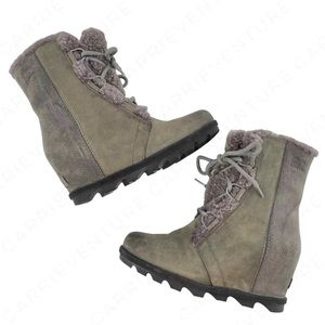 Sorel Joan of Arctic Wedge II Shearling Leather Boots Quarry Grey Greige Size 8